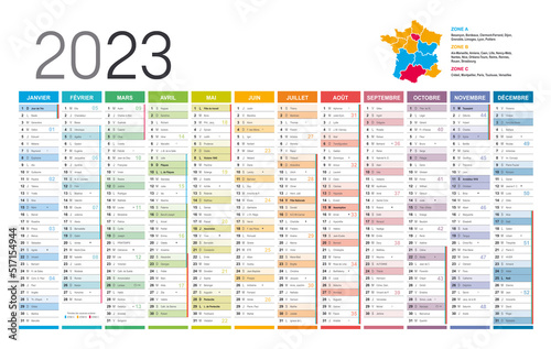 Year 2023 colorful wall calendar, in French language, on white background. Vector template