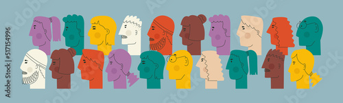 Different faces of people in profile. Cute unrealistic faces of men and women of different skin colors and with a variety of hairstyles. Web banner social.