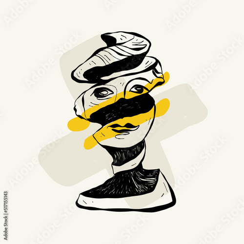 Antique statues illustration. Modern card, wall art. Yellow and Black shape. Line art.