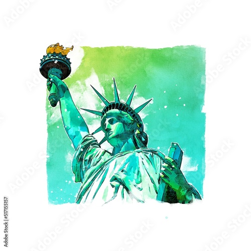 Digital watercolor illustration Statue of Liberty, New York, USA