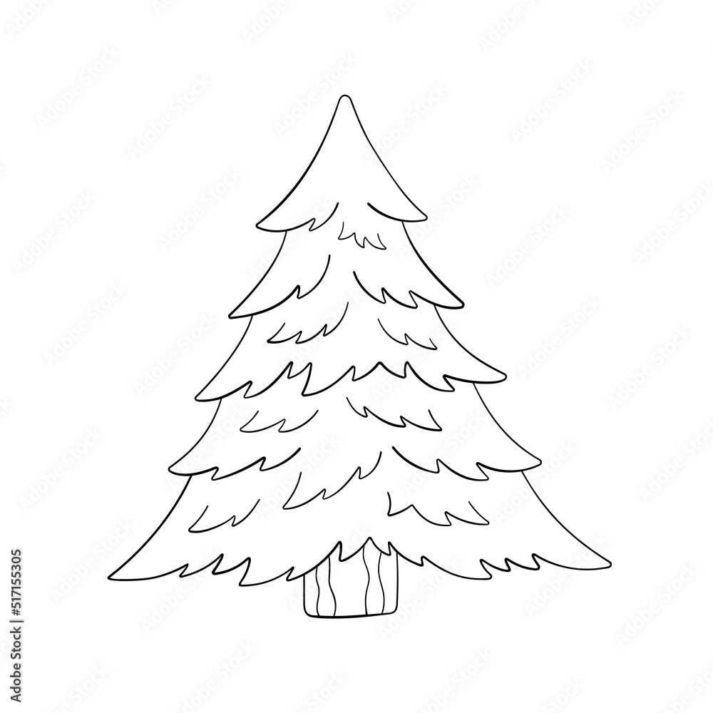 Christmas tree in doodle style, vector illustration. Isolated element on a white background. Icon fir for print and design, hand drawn. Outline tree. Holiday tree outline, merry xmas