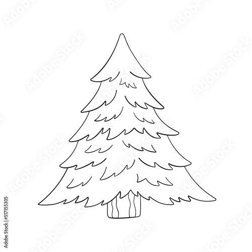 Christmas tree in doodle style, vector illustration. Isolated element on a white background. Icon fir for print and design, hand drawn. Outline tree. Holiday tree outline, merry xmas