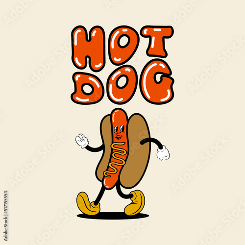 Retro hot dog mascot concept. Hotdog cartoon mascot design.  Vector cartoon illustration.  