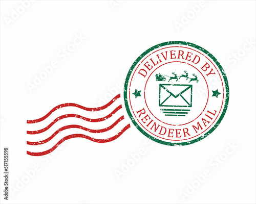 Delivered by Reindeer mail north pole grunge rubber stamp design with white background