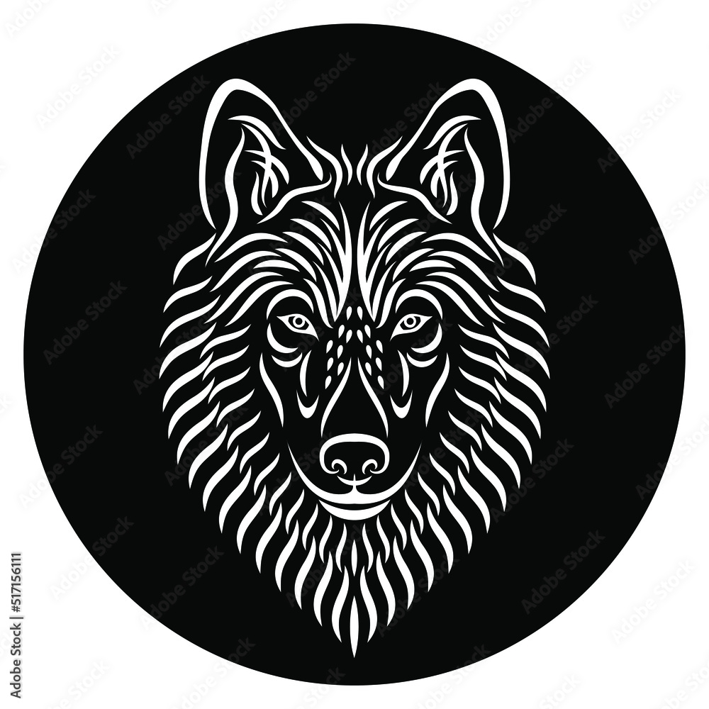 Obraz premium Wolf head vector drawing. The head of a wolf or a dog drawn with white strokes on a black background. Can be used for printing on t-shirts, posters, stickers. Calligraphic drawing. Tattoo design.