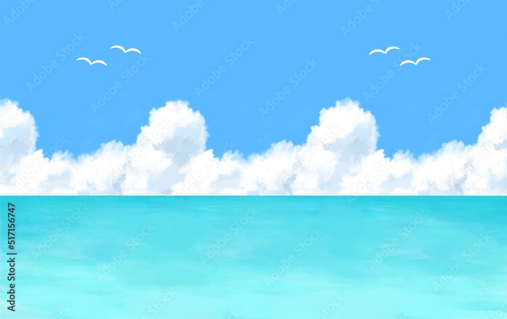 夏の海　入道雲　カモメが飛ぶ