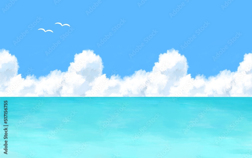 Fototapeta premium 夏の海 入道雲 カモメが飛ぶ