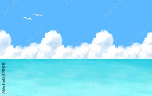 夏の海 入道雲 カモメが飛ぶ