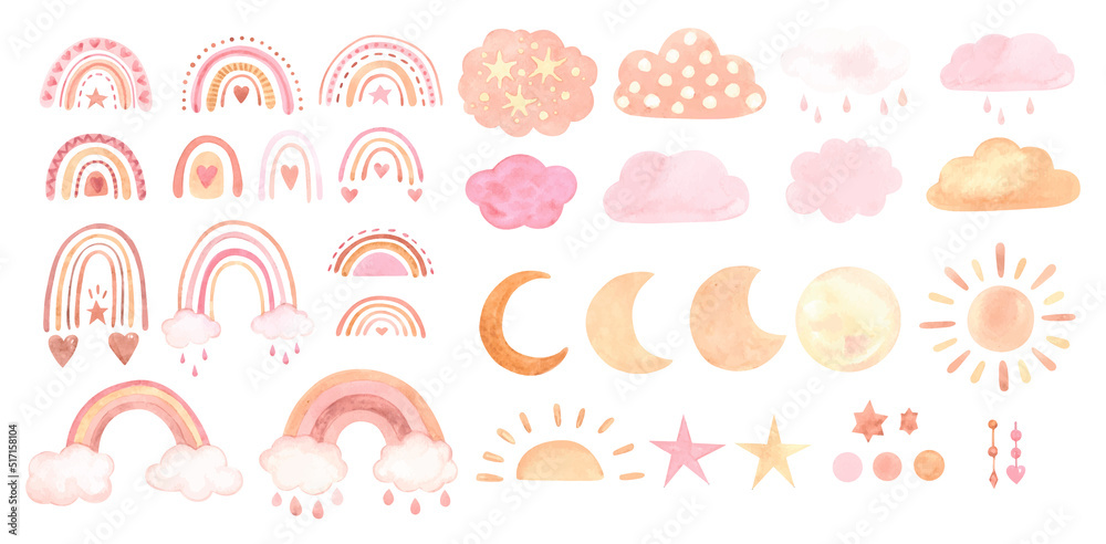 Big watercolor boho set with moon, rainbows and clouds. Vector illustration