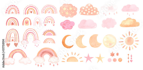 Big watercolor boho set with moon, rainbows and clouds. Vector illustration