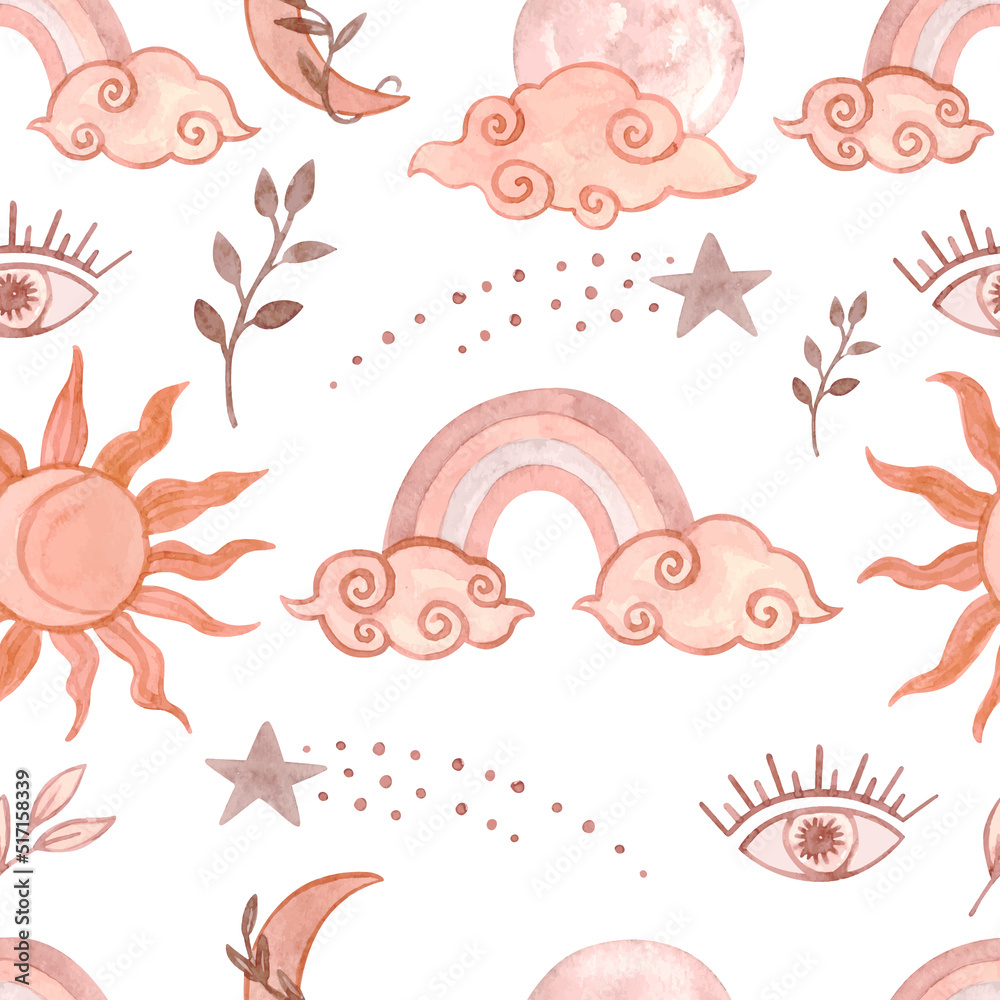 Watercolor magic pattern with rainbow on white. Vector illustration