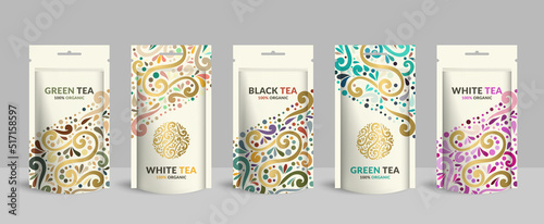 Tea packaging design with zip pouch bag mockup. Vector ornament template. Elegant, classic elements. Great for food, drink and other package types. Can be used for background and wallpaper.