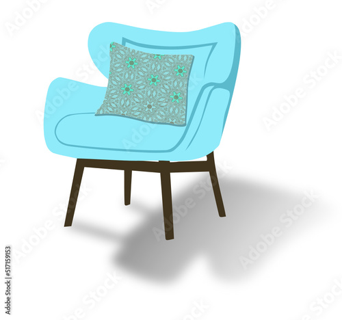 Light blue single seat sofa with green and blue flower cushions, transparent, vector illustration