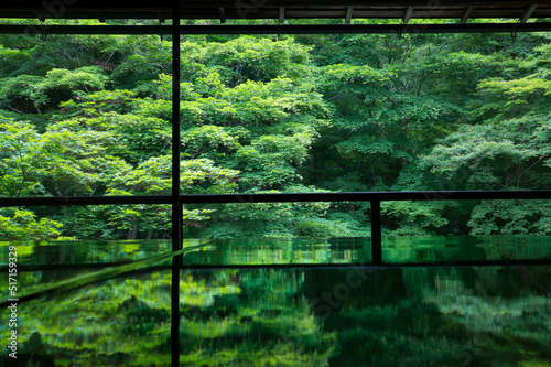 A beautiful table that reflects the fresh green of Rurikoin in Kyoto, Japan