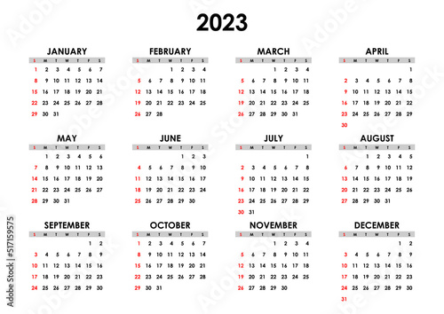 Calendar Year 2023 template. Annual Horizontal mockup. Weeks starts on sunday. Classic simple minimal design. Black numbers and red weekends on white background.