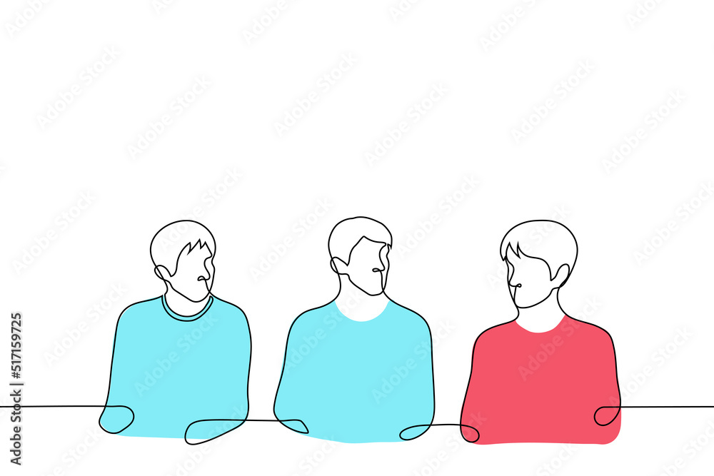 eye-catching man riveted the eyes of neighbors sitting next to him - one line drawing vector. concept is a stranger among one's own; too bright and stand out, special, abnormal eye-catching man riveted the eyes of neighbors sitting next to him - one line drawing vector. concept is a stranger among one's own; too bright and stand out, special, abnormal