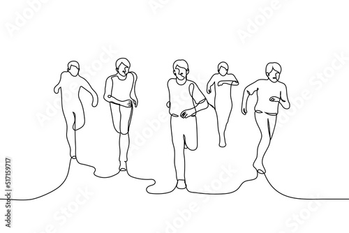 group of young men running - one line drawing vector. concept black friday, hype in male audience, male crowd running