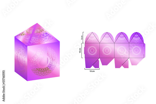 Template for a box with a mandala design. Ethnic ornamental components. Box design. Digital gift box template vector pattern vector files for die cutting using a laser. Template for a gift box, 10 cm 