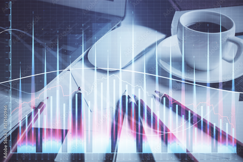 Forex market graph hologram and personal computer on background. Double exposure. Concept of investment. Forex market graph hologram and personal computer on background. Double exposure. Concept of investment.