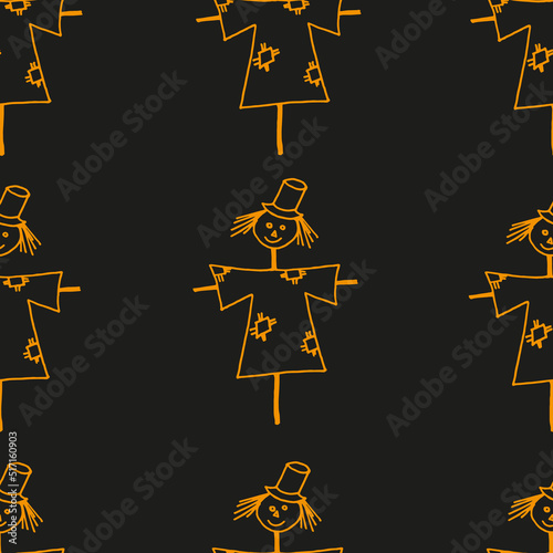 Seamless background from a pattern of cute scarecrows in a shirt with patches and a hat. Halloween background. Halloween concept.