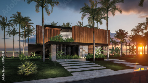 3d rendering of modern cozy house with parking and pool for sale or rent with wood plank facade by the sea or ocean. Sunset evening by the azure coast with palm trees and flowers in tropical island © korisbo
