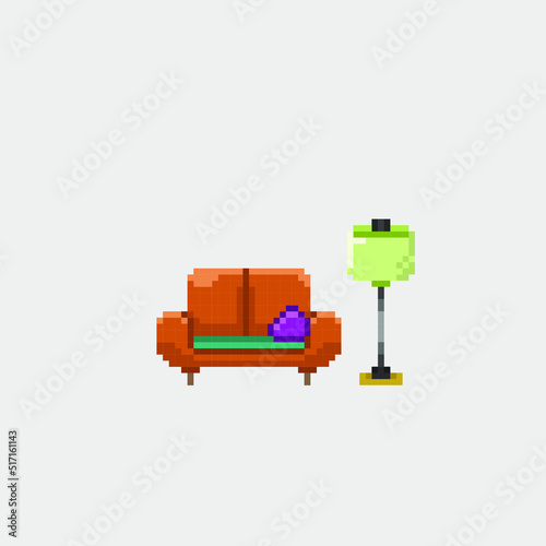 sofa and standing lamp in pixel art style