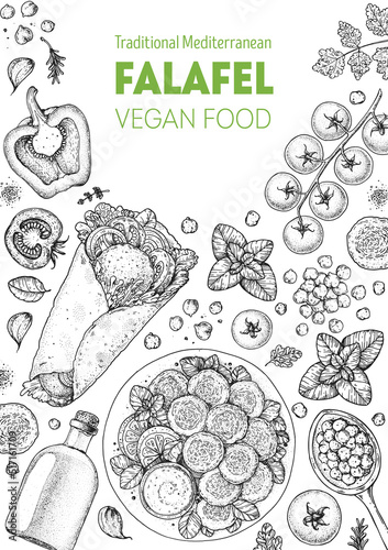 Falafel cooking and ingredients for falafel, sketch illustration. Middle eastern cuisine frame. Street food, design elements. Hand drawn, menu and package design. Vegan food