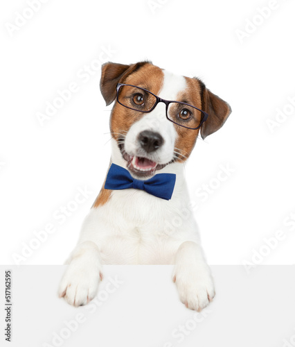 Smart Jack russell terrier puppy wearing eyeglasses looks above empty white banner. isolated on white background © Ermolaev Alexandr