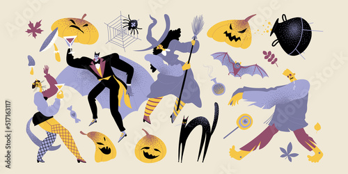 Set of vector illustrations for Halloween in cartoon style. Vampire  witch  zombie and other monsters and attributes
