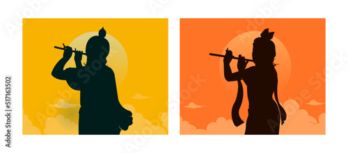 Happy Janmashtami text with Lord Krishna playing flute vector illustration background, The Indian festival Janmashtami celebration banner, digital post, poster, and card design