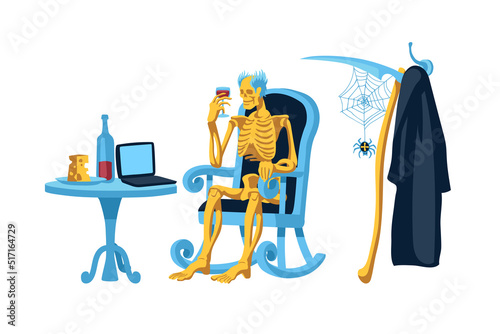 The Grim Reaper has retired. Relax on the weekend. Skeleton watches movies online. Vector illustration isolated on a white background in a cartoon and flat design.