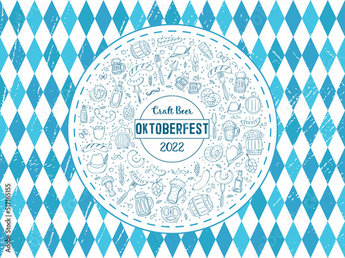 Oktoberfest 2022 - Beer Festival. Hand-drawn Doodle elements. German Traditional holiday. A circle of elements on a background of blue diamonds with texture.