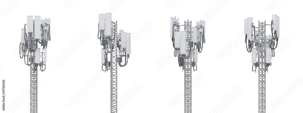 3D Rendering of mobile phone signal repeater station tower in different view angles, isolated on white background. For telecommunication industry, 4g 5g , graphics overlay 3D Rendering of mobile phone signal repeater station tower in different view angles, isolated on white background. For telecommunication industry, 4g 5g , graphics overlay