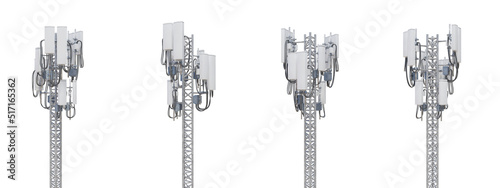 3D Rendering of mobile phone signal repeater station tower in different view angles, isolated on white background. For telecommunication industry, 4g 5g , graphics overlay