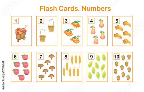 Number learning printable flash cards, educational English worksheet for kids, nursery, kindergarten, pre-school or leisure activity, teachers resources, games