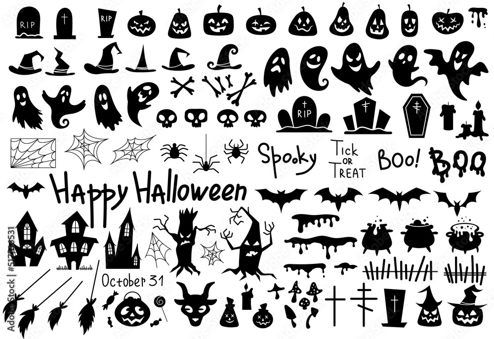 Set of Halloween silhouettes. Sinister pumpkins, ghosts, tombstones, spiders and bats, skulls and candles. Witches brooms, cauldrons, hats. Cartoon flat vector collection isolated on white background