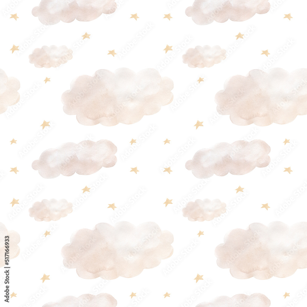 Cloud and star watercolor seamless pattern illustration for kids