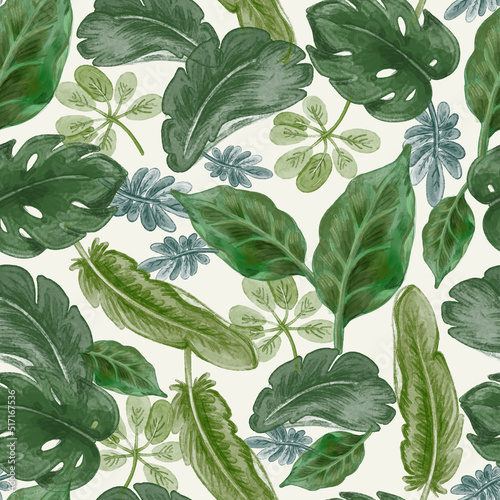 Beautiful seamless summer botanical watercolor pattern with green exotic leaves