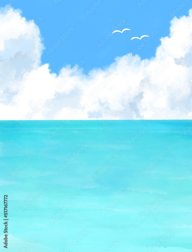 夏の海　入道雲　カモメが飛ぶ　縦