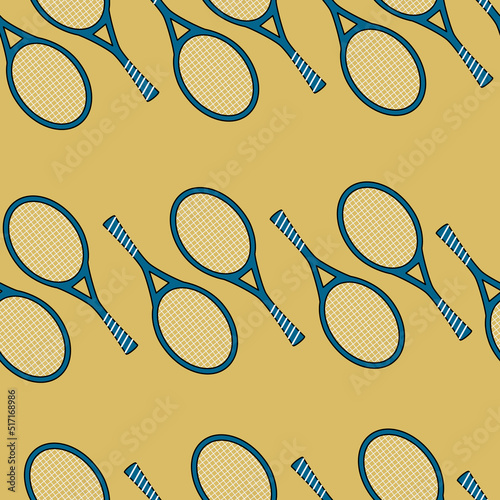 Seamless pattern with rows of Tennis rackets on yellow background. Repeat vector design. Great for fabric, products, wrapping paper, sports goods. Background wallpaper. Vector illustration.