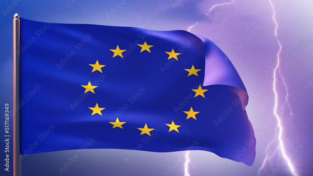 Flag of European Union. EU symbol with lightning. Thunderbolt symbolizes political crisis. Concept of problem in European Union. EU banner. Symbol of Alliance of European States. 3d image. Flag of European Union. EU symbol with lightning. Thunderbolt symbolizes political crisis. Concept of problem in European Union. EU banner. Symbol of Alliance of European States. 3d image.