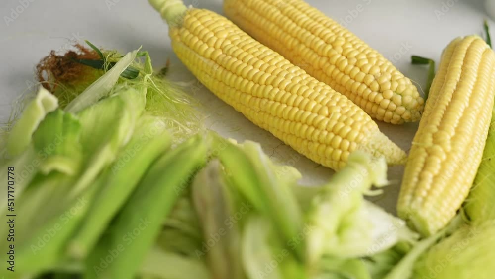 Cobs of fresh yellow corn with green leaves lie on kitchen table top view. Organic farm corn, tasty summer vegetable season, healthy food. Peeled corn ready for cooking at home, slow motion footage Cobs of fresh yellow corn with green leaves lie on kitchen table top view. Organic farm corn, tasty summer vegetable season, healthy food. Peeled corn ready for cooking at home, slow motion footage