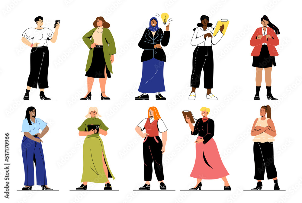 Business women collection. Young multinational female entrepreneurs in office clothes. Stylish girls or company employees. Design for websites. Cartoon flat vector set isolated on white background