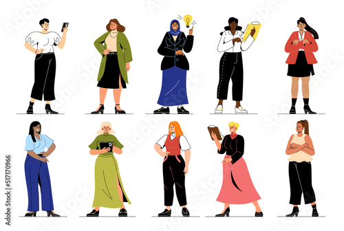 Business women collection. Young multinational female entrepreneurs in office clothes. Stylish girls or company employees. Design for websites. Cartoon flat vector set isolated on white background