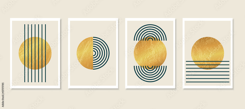 Minimalist abstract art background with shapes. Golden geometric circles. Simple line style. Aesthetic vector illustrations for wall decor, posters, covers, cards, invitations and branding.