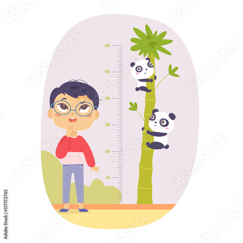 Boy measuring height in inches vector illustration. Kid with glasses standing near tall tree with funny pandas, measurement of growth of child for kindergarten or at home nursery isolated on white