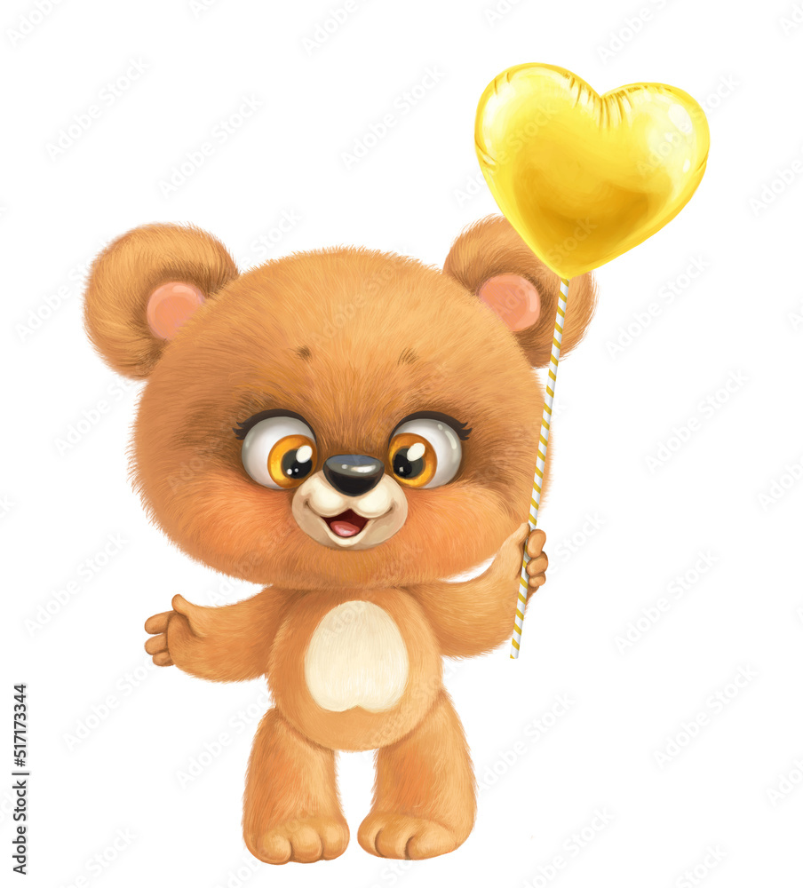 Fototapeta premium Baby Bear holding a balloon in a yellow heart shape isolated on a white background