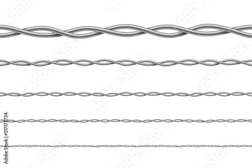 3D metal wire, seamless pattern set, barbwire with twisted steel spiral shapes and curves