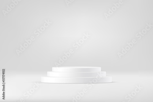 3d cylinder podiums for product presentation in showroom vector illustration. Realistic luxury white platform, grey display base with three steps isolated on grey background. photo