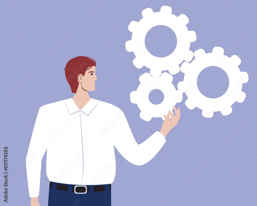 Businessman with gears isolated, flat vector stock illustration as concept of Conferences and networking, teamwork Businessman with gears isolated, flat vector stock illustration as concept of Conferences and networking, teamwork